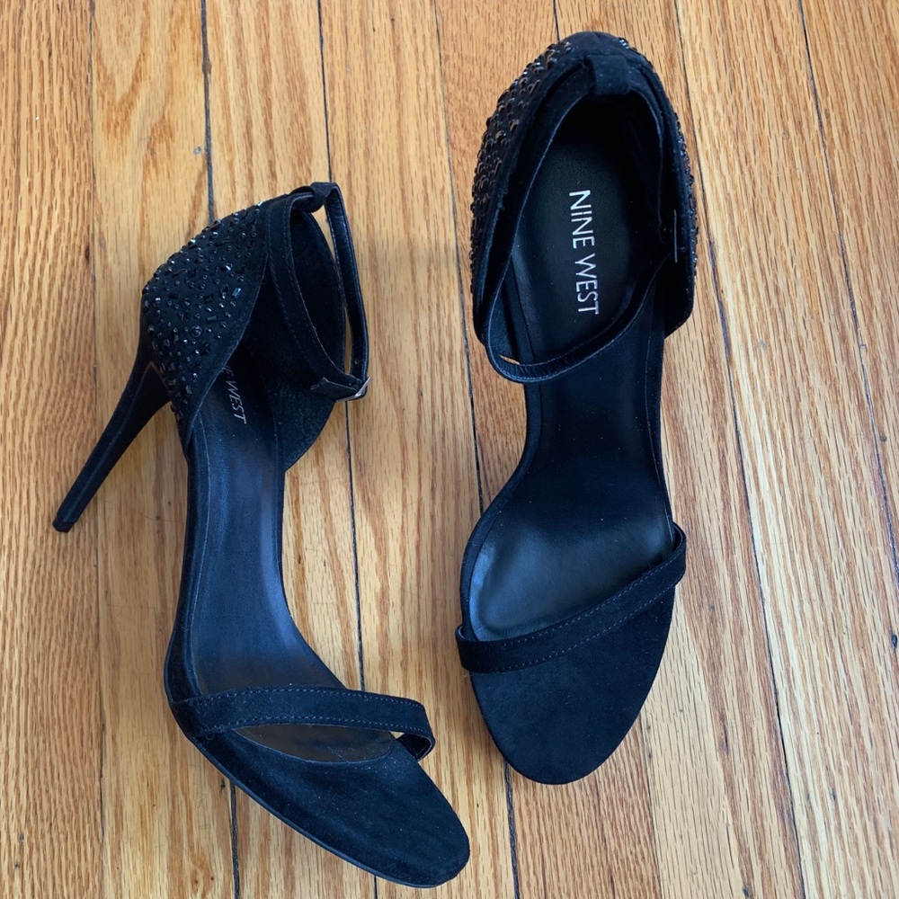 NINE WEST Black Suede Ankle Strap Heels